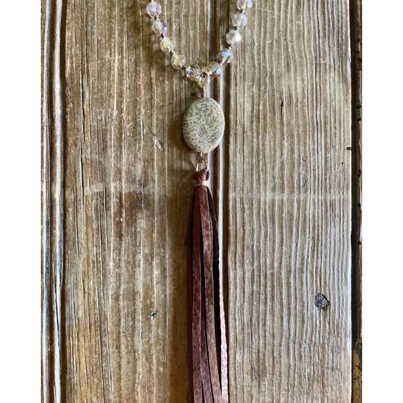 NEW J. FORKS golden crystal necklace with snake skin agate in dark chocolate - Picture 2 of 2